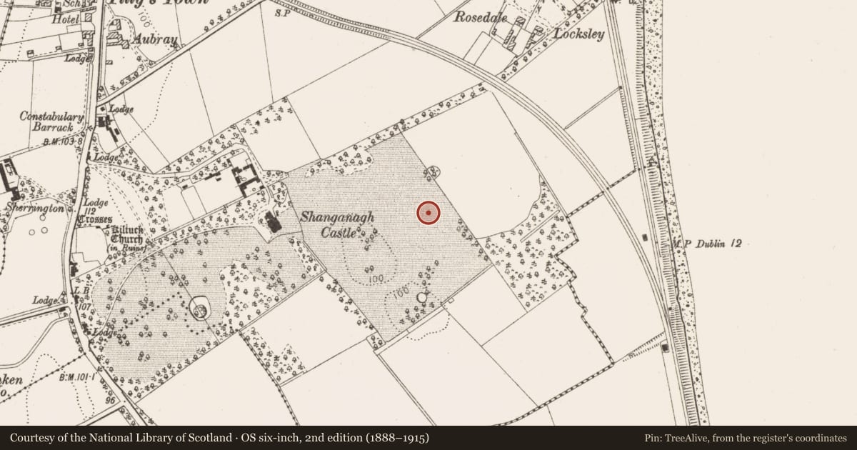 Ordnance Survey six-inch map, 2nd edition (1888–1915) covering the location of Burnt mound, Shanganagh, County Dublin, with a pin at the register's coordinates