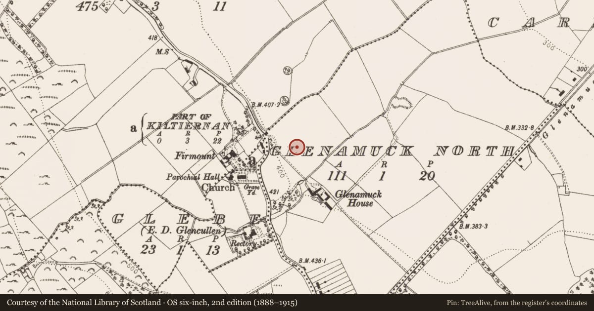 Ordnance Survey six-inch map, 2nd edition (1888–1915) covering the location of Fulacht fia, Glenamuck North, County Dublin, with a pin at the register's coordinates