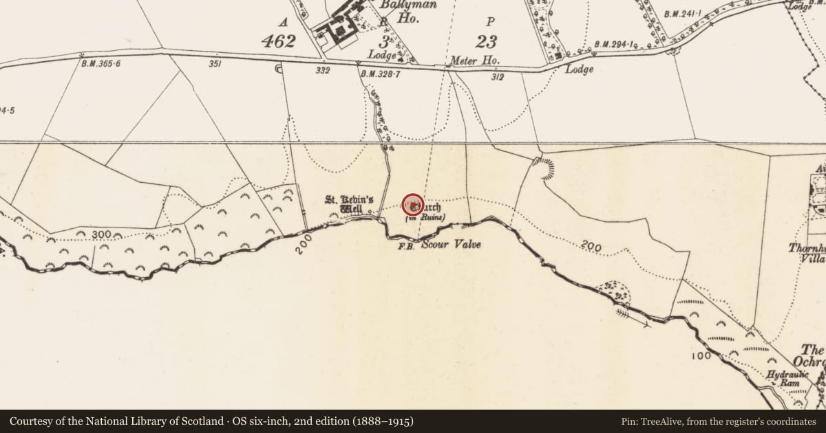 Ordnance Survey six-inch map, 2nd edition (1888–1915) covering the location of Fulacht fia, Ballyman, County Dublin, with a pin at the register's coordinates