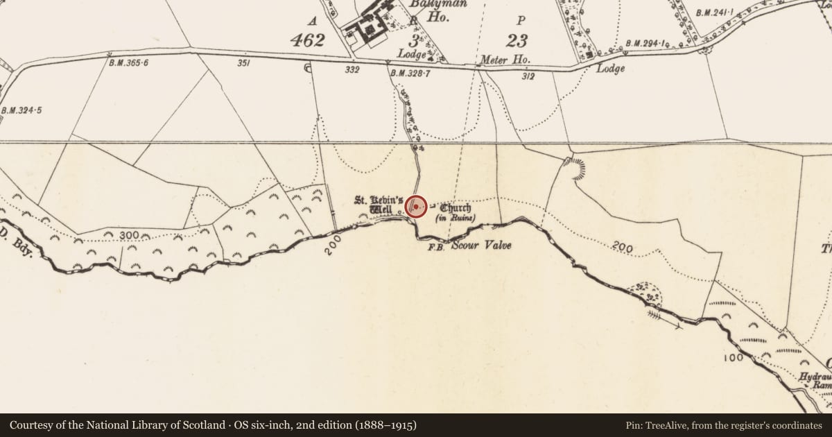 Ordnance Survey six-inch map, 2nd edition (1888–1915) covering the location of Ritual site - holy tree/bush, Ballyman, County Dublin, with a pin at the register's coordinates