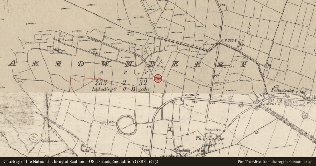 Ordnance Survey six-inch map, 2nd edition (1888–1915) covering the location of Kiln, Carrownderry, County Galway, with a pin at the register's coordinates