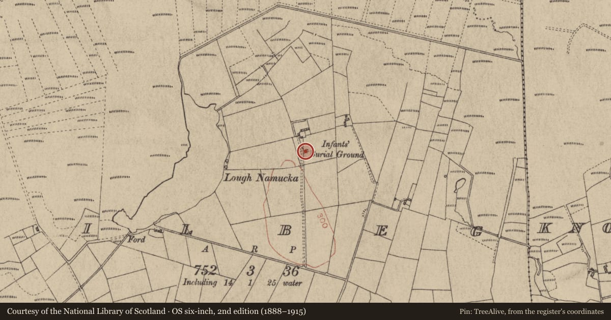 Ordnance Survey six-inch map, 2nd edition (1888–1915) covering the location of Children's burial ground, Kilbeg, County Galway, with a pin at the register's coordinates