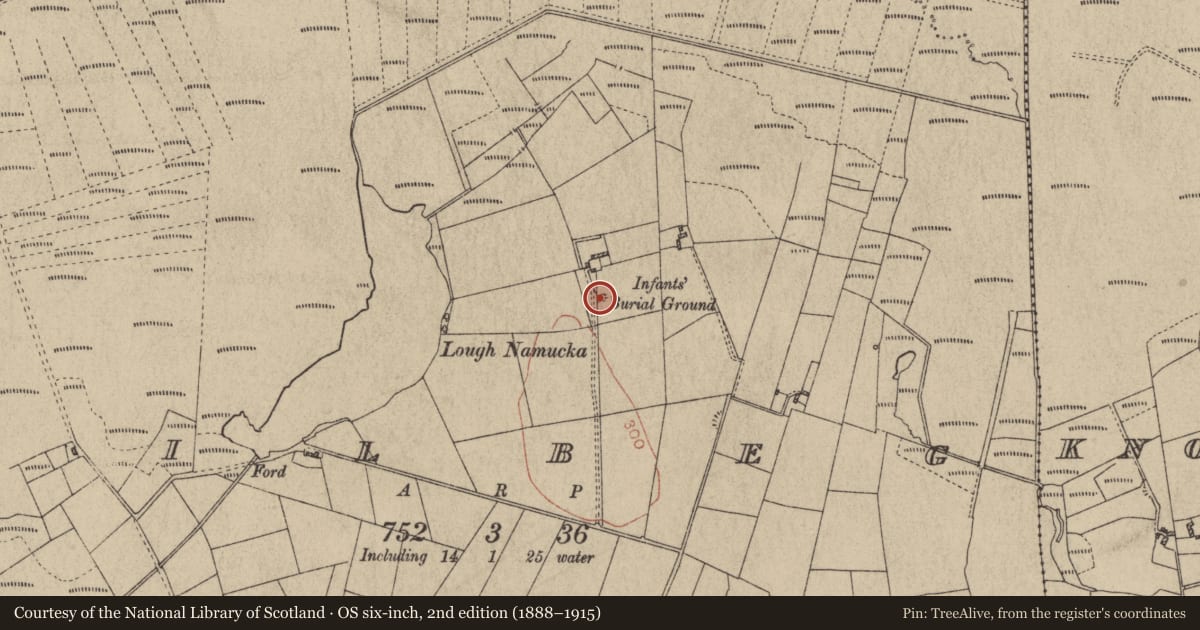 Ordnance Survey six-inch map, 2nd edition (1888–1915) covering the location of Church, Kilbeg, County Galway, with a pin at the register's coordinates