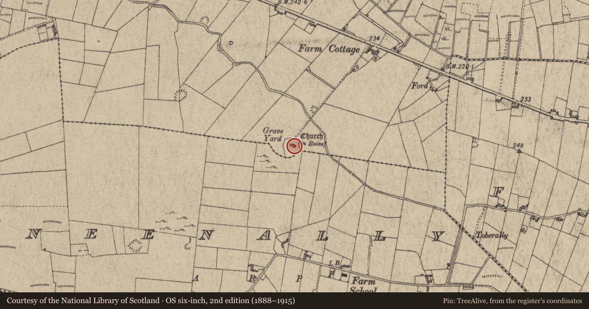 Ordnance Survey six-inch map, 2nd edition (1888–1915) covering the location of Church, Moorfield, County Galway, with a pin at the register's coordinates