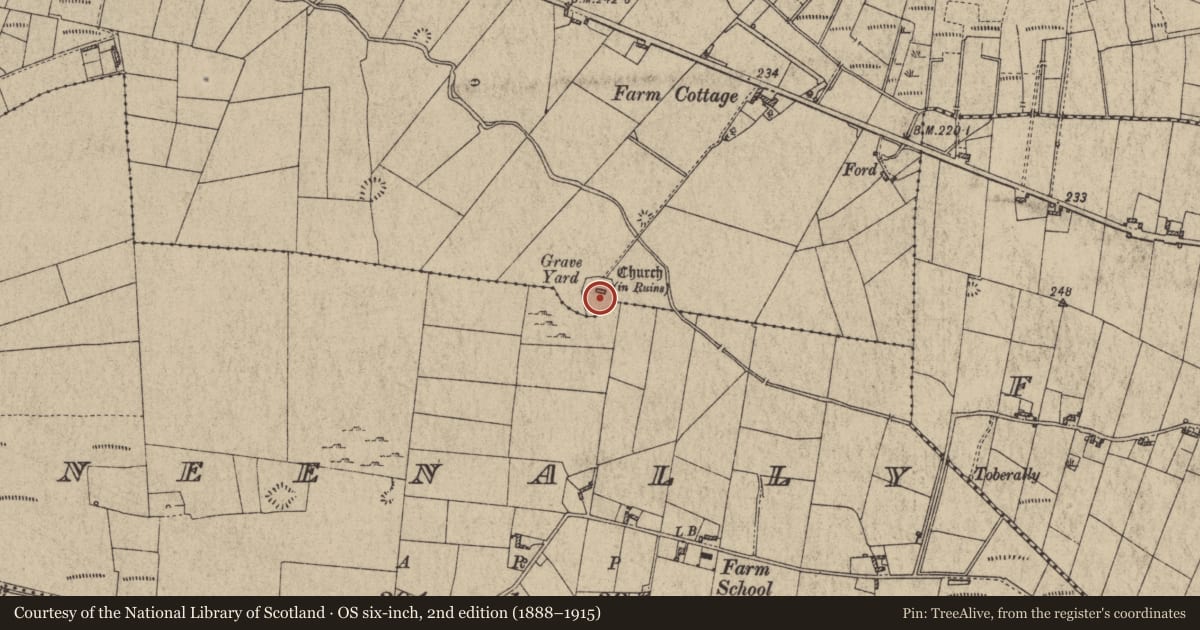 Ordnance Survey six-inch map, 2nd edition (1888–1915) covering the location of Graveyard, Moorfield, County Galway, with a pin at the register's coordinates