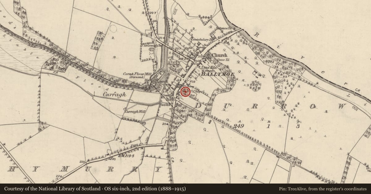 Ordnance Survey six-inch map, 2nd edition (1888–1915) covering the location of Church, Durrow, County Galway, with a pin at the register's coordinates