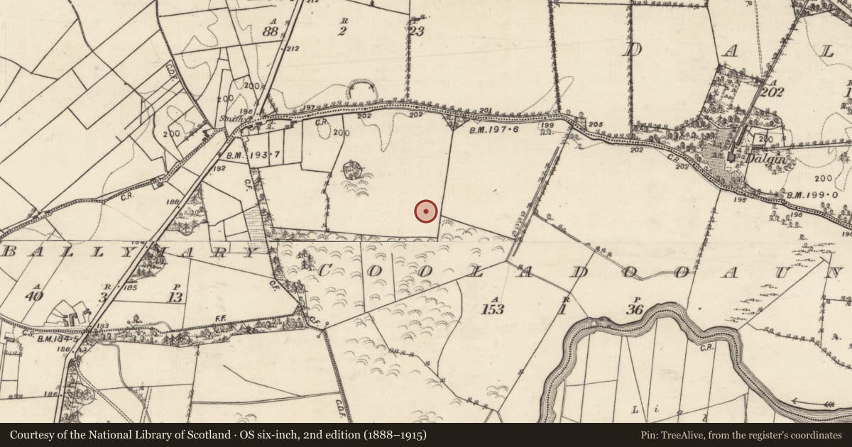 Ordnance Survey six-inch map, 2nd edition (1888–1915) covering the location of Standing stone, Cooladooaun, County Galway, with a pin at the register's coordinates