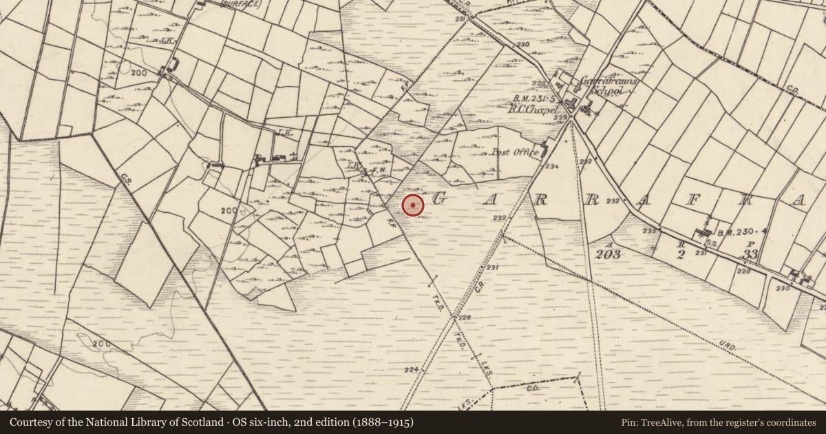 Ordnance Survey six-inch map, 2nd edition (1888–1915) covering the location of Anomalous stone group, Garrafrauns, County Galway, with a pin at the register's coordinates