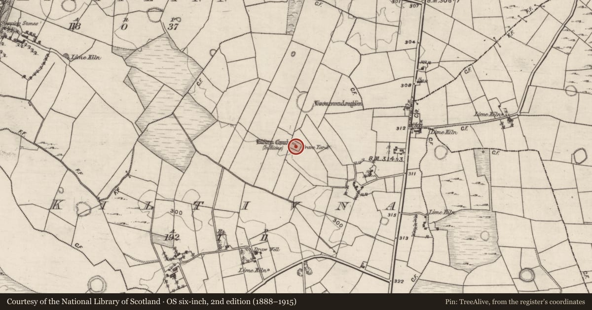 Ordnance Survey six-inch map, 2nd edition (1888–1915) covering the location of Enclosure, Kiltivna, County Galway, with a pin at the register's coordinates