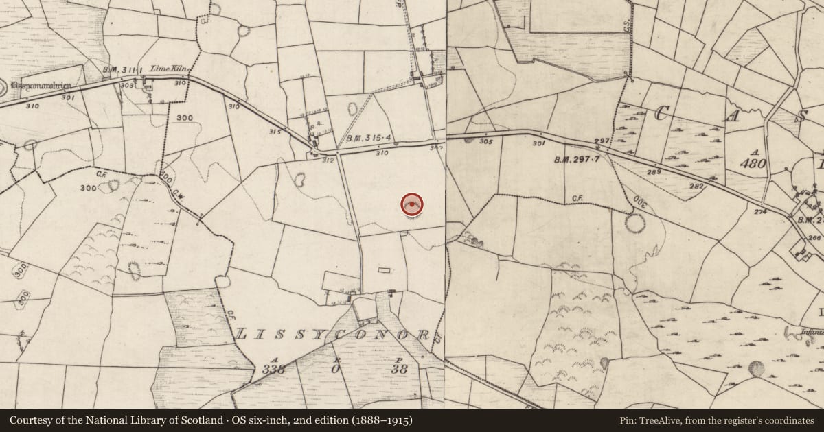 Ordnance Survey six-inch map, 2nd edition (1888–1915) covering the location of Enclosure, Lissyconor, County Galway, with a pin at the register's coordinates