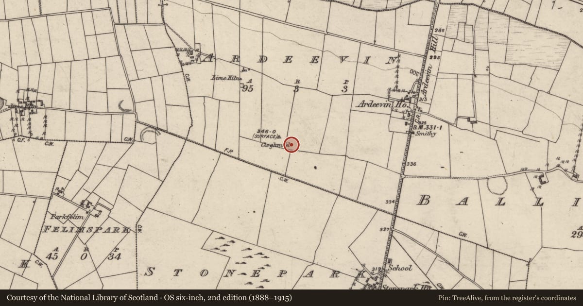 Ordnance Survey six-inch map, 2nd edition (1888–1915) covering the location of Standing stone, Ardeevin, County Galway, with a pin at the register's coordinates