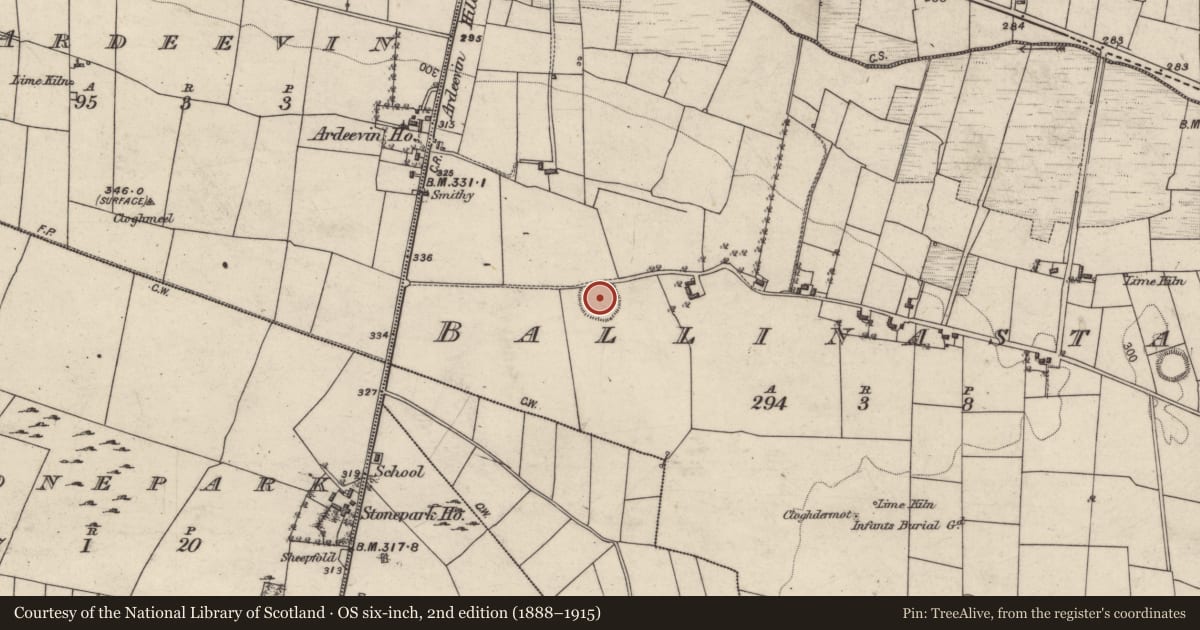 Ordnance Survey six-inch map, 2nd edition (1888–1915) covering the location of Souterrain, Ballinastack, County Galway, with a pin at the register's coordinates