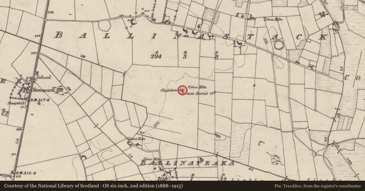 Ordnance Survey six-inch map, 2nd edition (1888–1915) covering the location of Megalithic tomb - unclassified, Ballinastack, County Galway, with a pin at the register's coordinates