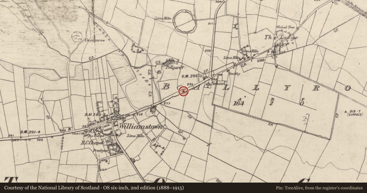 Ordnance Survey six-inch map, 2nd edition (1888–1915) covering the location of Enclosure, Ballyroe, County Galway, with a pin at the register's coordinates