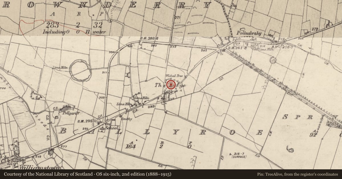 Ordnance Survey six-inch map, 2nd edition (1888–1915) covering the location of Enclosure, Carrownderry, County Galway, with a pin at the register's coordinates