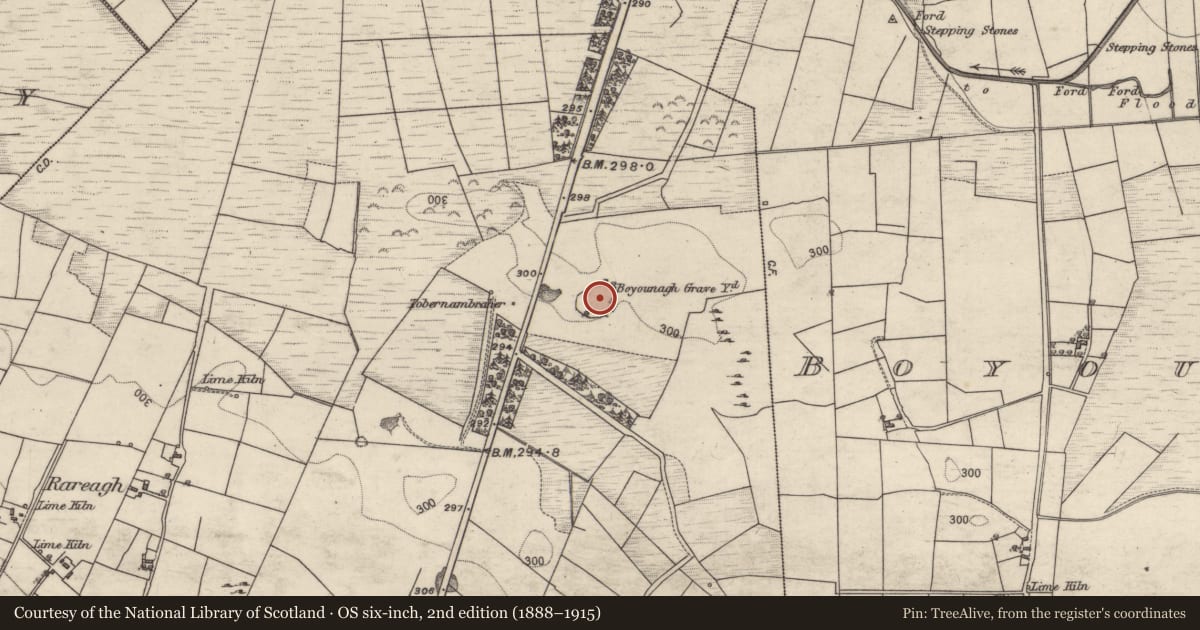 Ordnance Survey six-inch map, 2nd edition (1888–1915) covering the location of Graveyard, Cashel, County Galway, with a pin at the register's coordinates