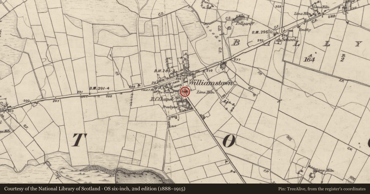 Ordnance Survey six-inch map, 2nd edition (1888–1915) covering the location of Town, Corralough, County Galway, with a pin at the register's coordinates