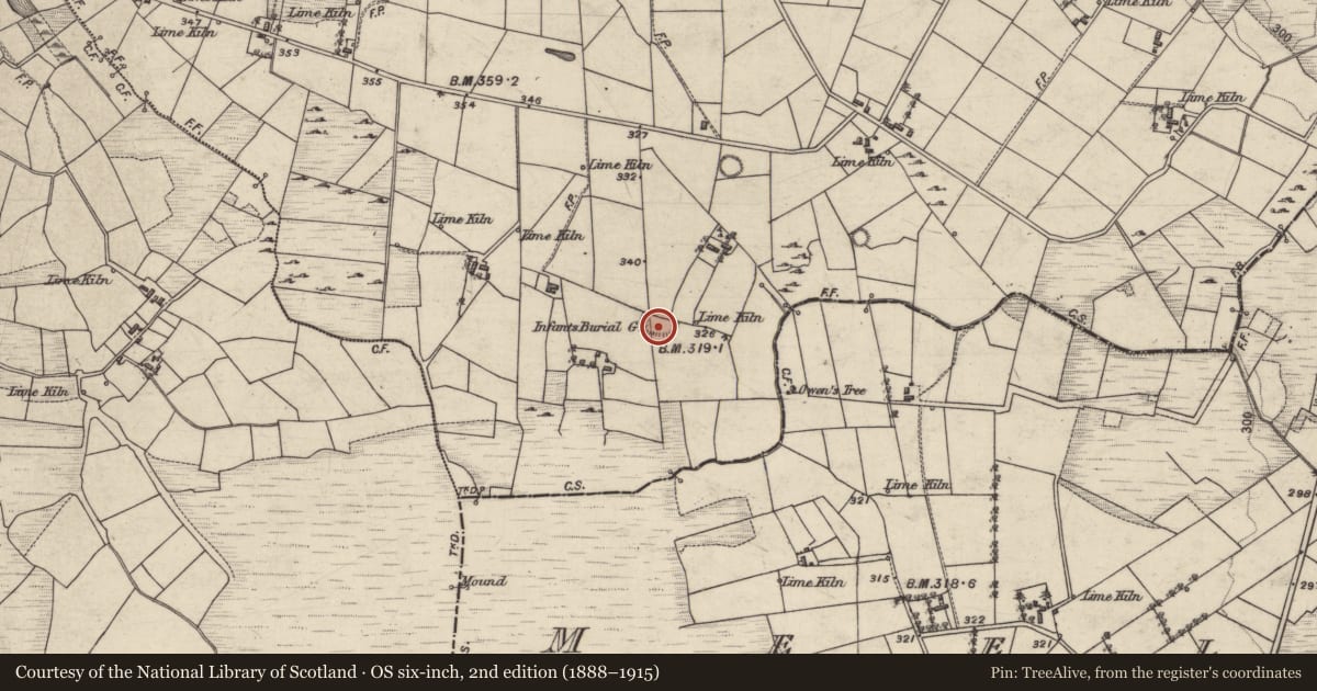Ordnance Survey six-inch map, 2nd edition (1888–1915) covering the location of Children's burial ground, Kilmore, County Galway, with a pin at the register's coordinates