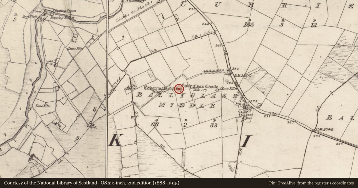 Ordnance Survey six-inch map, 2nd edition (1888–1915) covering the location of Ritual site - holy well, Ballyglass Middle, County Galway, with a pin at the register's coordinates