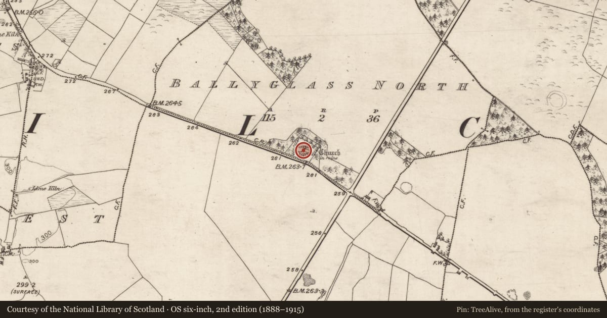 Ordnance Survey six-inch map, 2nd edition (1888–1915) covering the location of Church, Ballyglass North, County Galway, with a pin at the register's coordinates