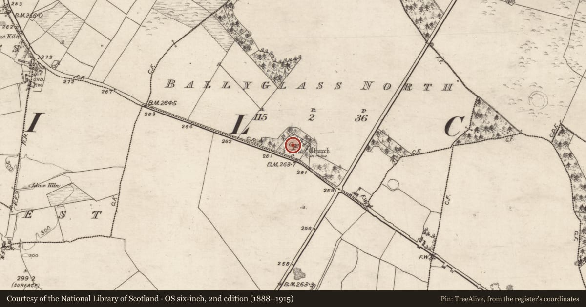 Ordnance Survey six-inch map, 2nd edition (1888–1915) covering the location of Graveyard, Ballyglass North, County Galway, with a pin at the register's coordinates