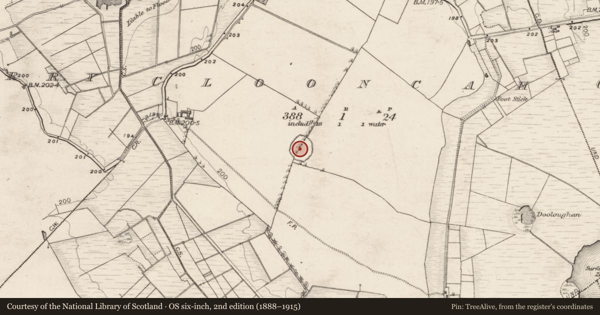 Ordnance Survey six-inch map, 2nd edition (1888–1915) covering the location of Hilltop enclosure, Clooncah, County Galway, with a pin at the register's coordinates