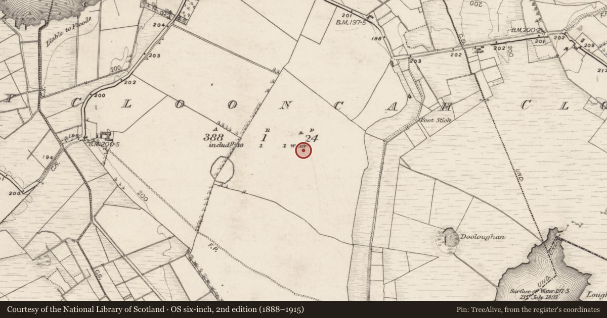 Ordnance Survey six-inch map, 2nd edition (1888–1915) covering the location of Earthwork, Clooncah, County Galway, with a pin at the register's coordinates