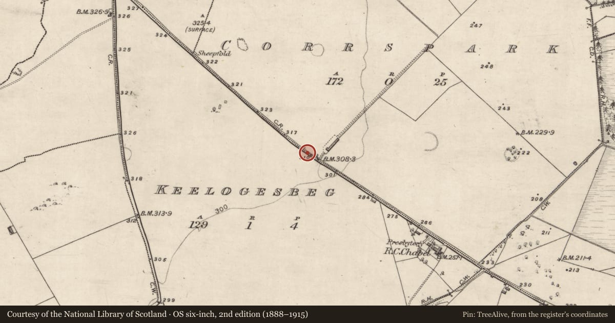 Ordnance Survey six-inch map, 2nd edition (1888–1915) covering the location of Enclosure, Corrspark, Keelogesbeg, County Galway, with a pin at the register's coordinates