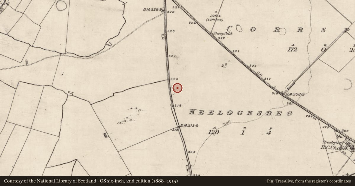 Ordnance Survey six-inch map, 2nd edition (1888–1915) covering the location of Enclosure, Keelogesbeg, County Galway, with a pin at the register's coordinates