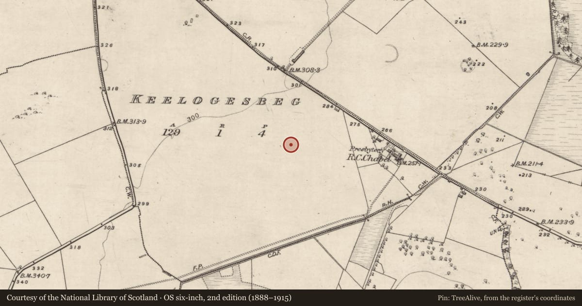 Ordnance Survey six-inch map, 2nd edition (1888–1915) covering the location of Graveyard, Keelogesbeg, County Galway, with a pin at the register's coordinates