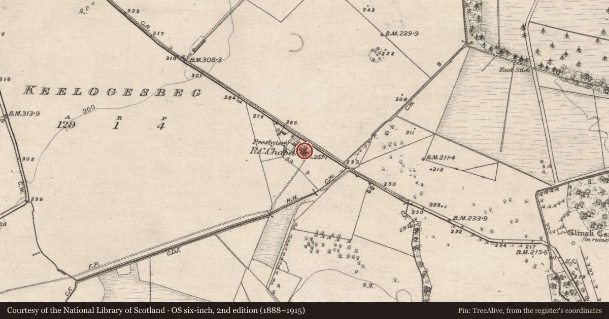 Ordnance Survey six-inch map, 2nd edition (1888–1915) covering the location of Church, Keelogesbeg, County Galway, with a pin at the register's coordinates