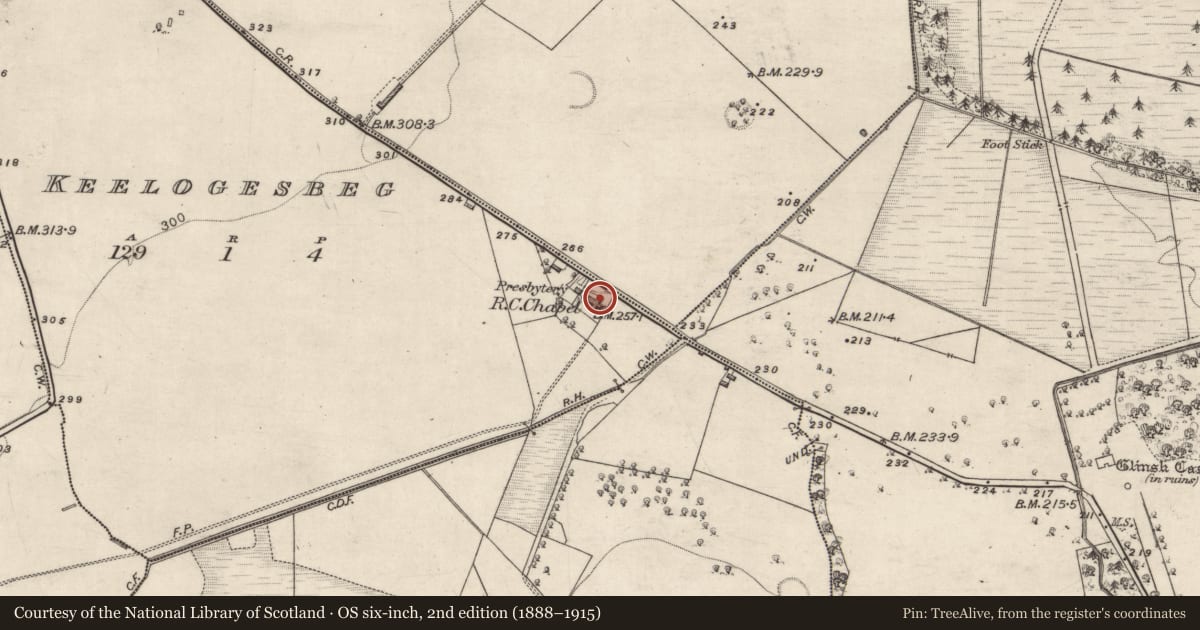 Ordnance Survey six-inch map, 2nd edition (1888–1915) covering the location of Cross (present location), Keelogesbeg, County Galway, with a pin at the register's coordinates