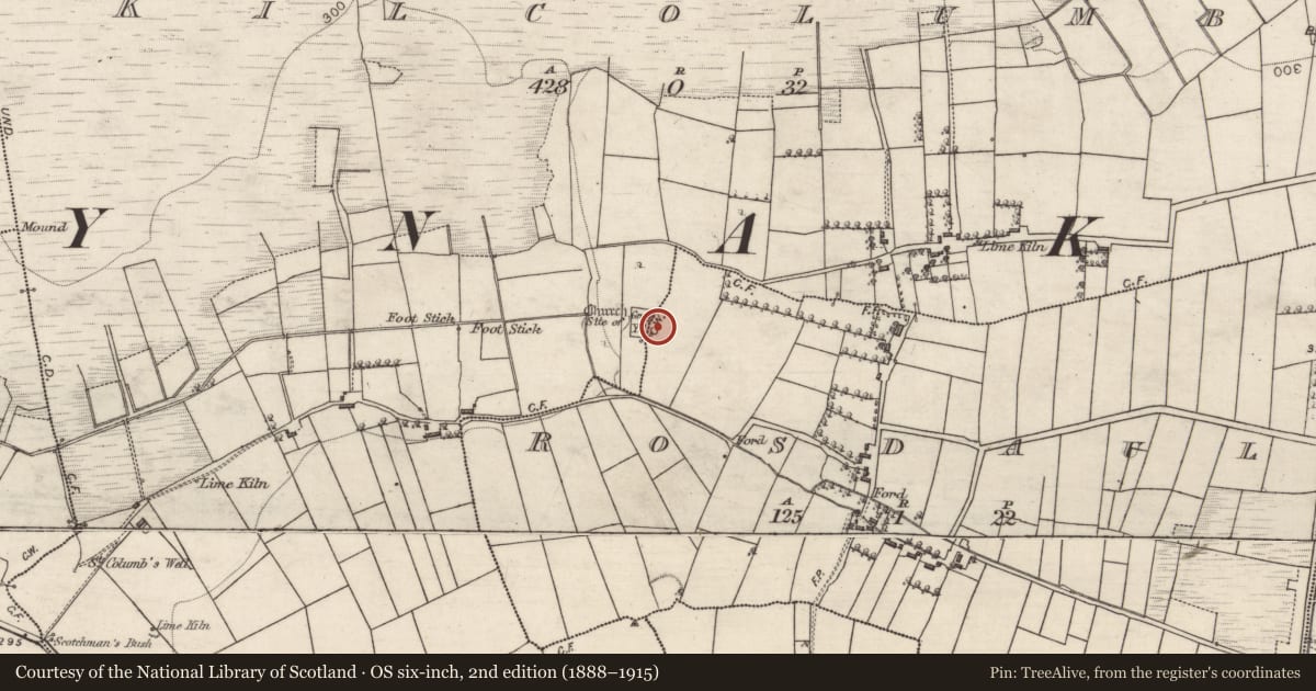 Ordnance Survey six-inch map, 2nd edition (1888–1915) covering the location of Church, Kilcolumb, County Galway, with a pin at the register's coordinates
