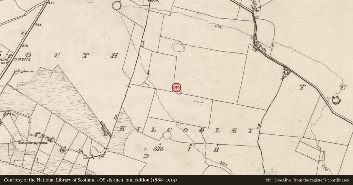 Ordnance Survey six-inch map, 2nd edition (1888–1915) covering the location of Enclosure, Kilcooley, County Galway, with a pin at the register's coordinates