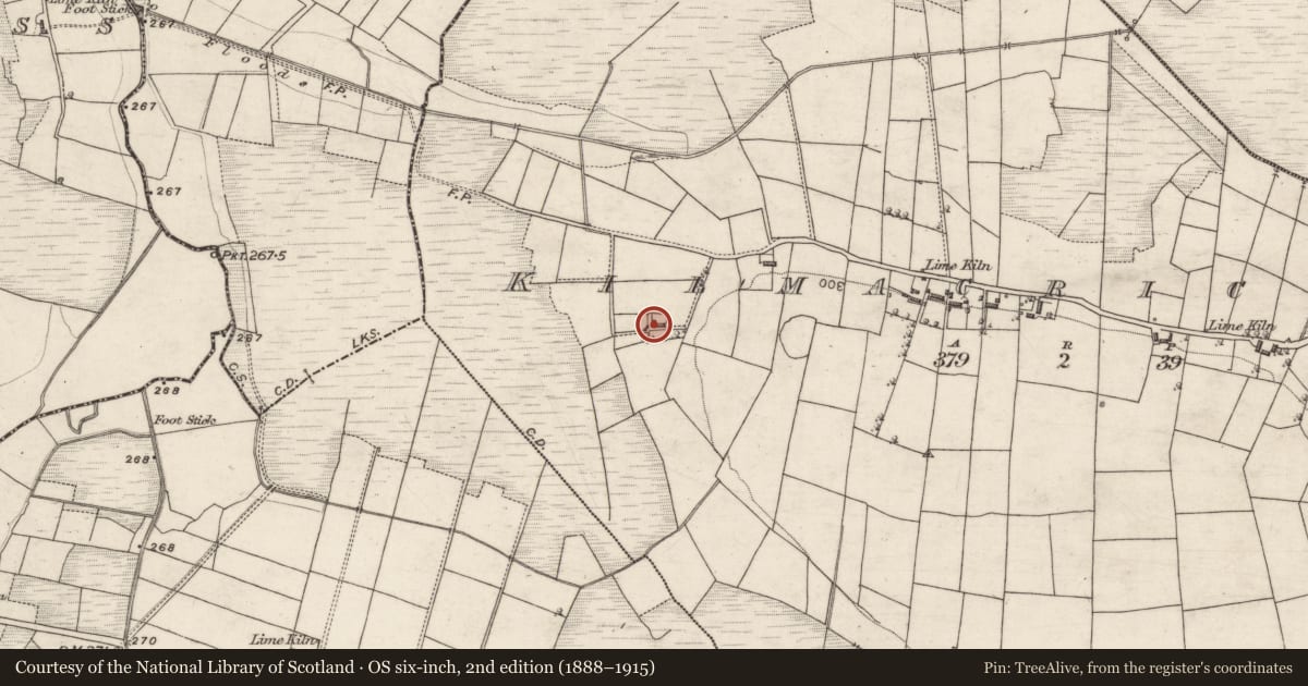 Ordnance Survey six-inch map, 2nd edition (1888–1915) covering the location of Kiln - corn-drying, Kilmacrickard, County Galway, with a pin at the register's coordinates