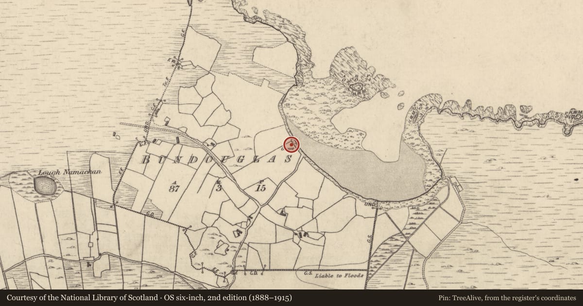 Ordnance Survey six-inch map, 2nd edition (1888–1915) covering the location of Burial, Bundouglas, County Galway, with a pin at the register's coordinates