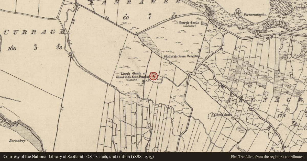 Ordnance Survey six-inch map, 2nd edition (1888–1915) covering the location of Church, Cashleen, County Galway, with a pin at the register's coordinates