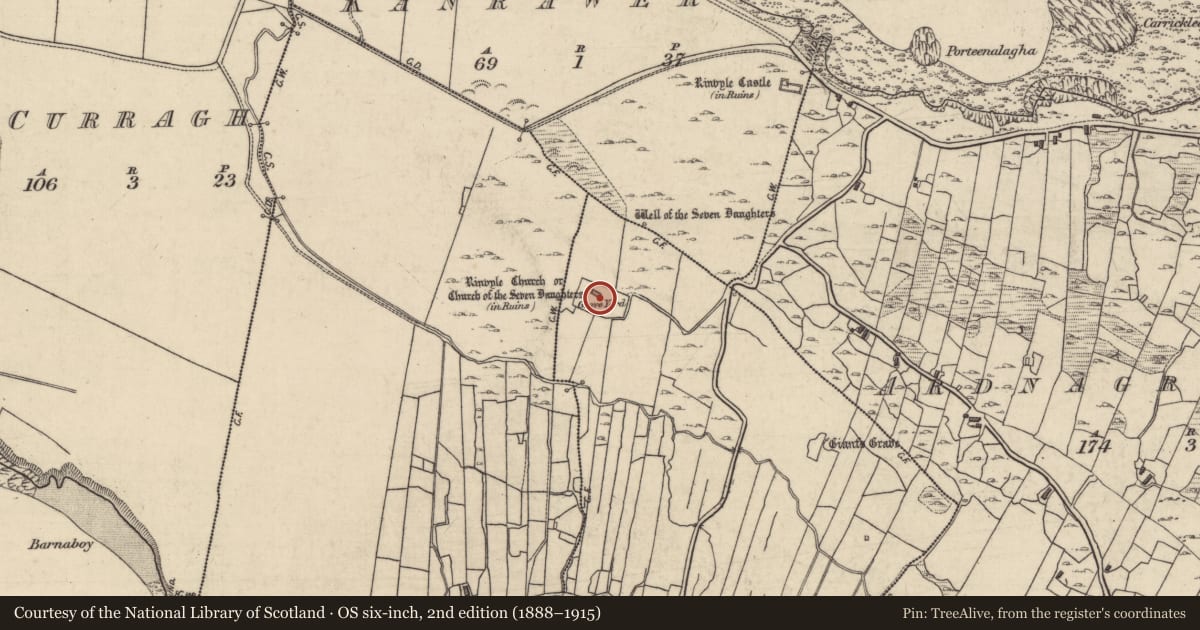 Ordnance Survey six-inch map, 2nd edition (1888–1915) covering the location of Graveyard, Cashleen, County Galway, with a pin at the register's coordinates