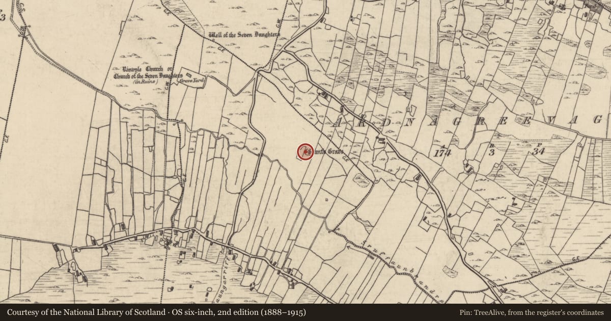 Ordnance Survey six-inch map, 2nd edition (1888–1915) covering the location of Megalithic tomb - court tomb, Cashleen, County Galway, with a pin at the register's coordinates
