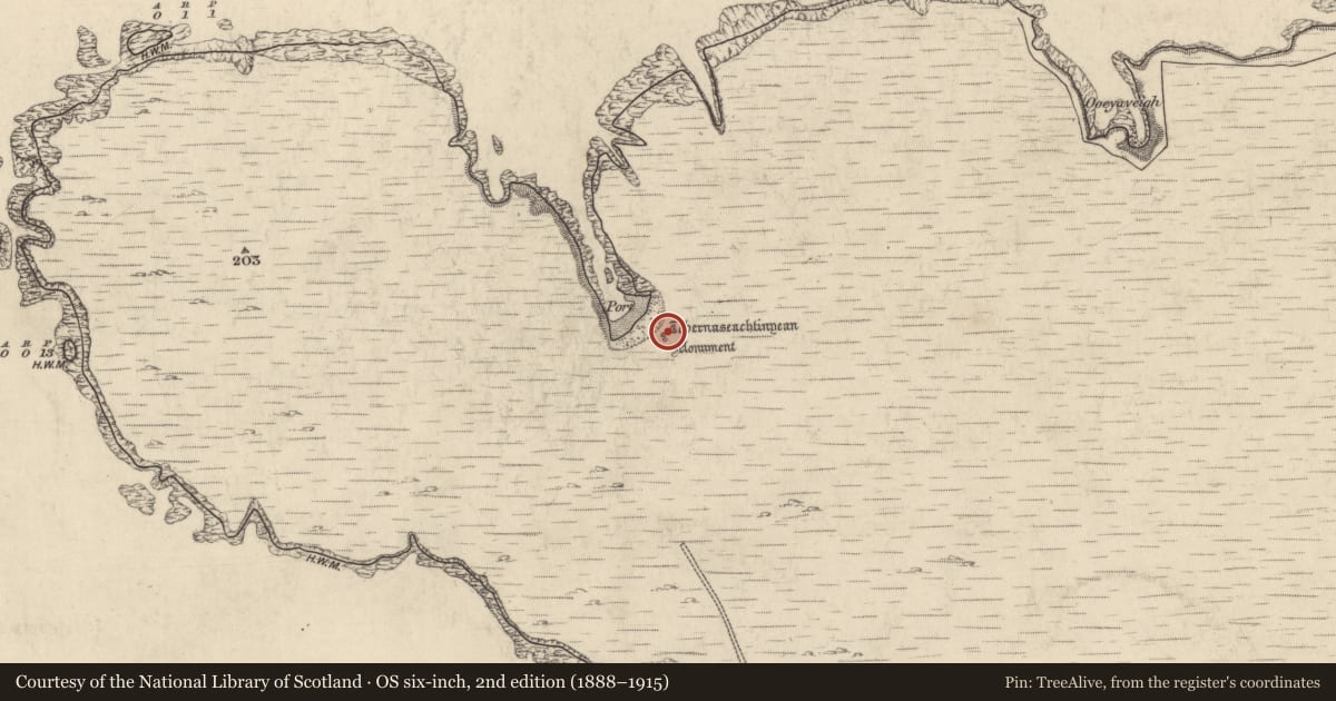 Ordnance Survey six-inch map, 2nd edition (1888–1915) covering the location of Ritual site - holy well, Cleggan, County Galway, with a pin at the register's coordinates