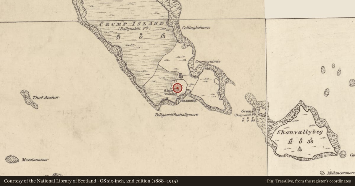 Ordnance Survey six-inch map, 2nd edition (1888–1915) covering the location of Church, Crump Island, County Galway, with a pin at the register's coordinates