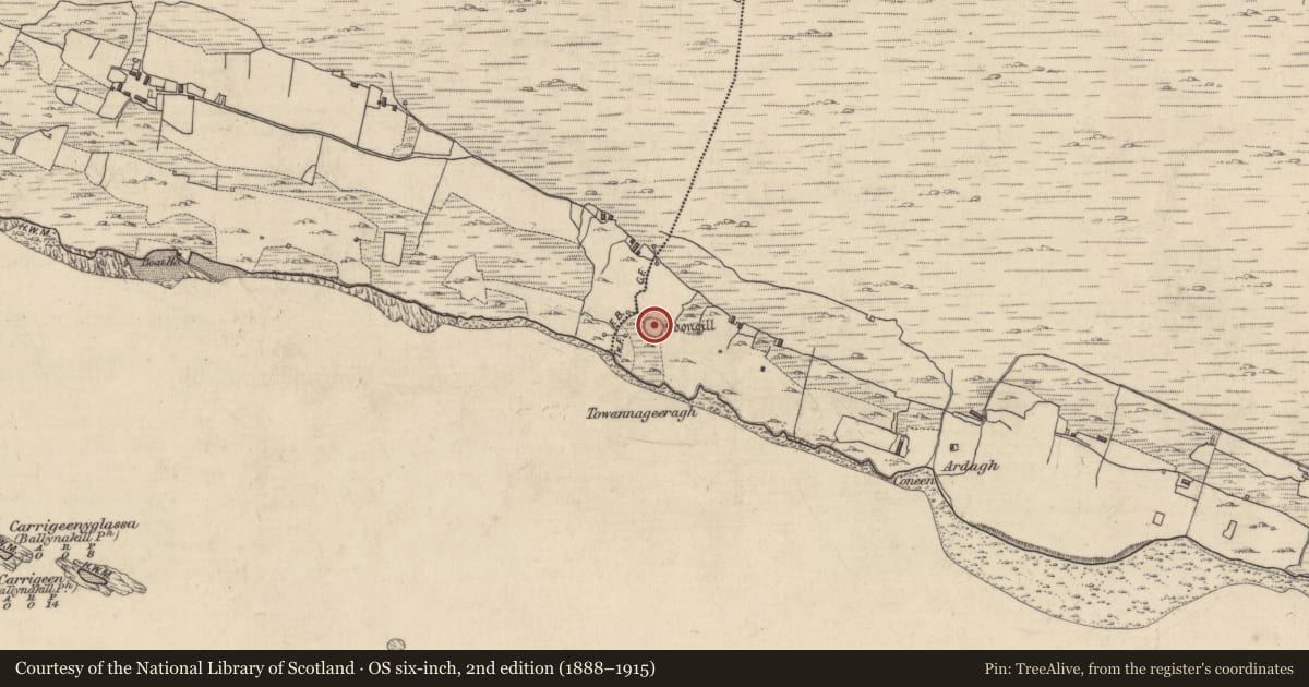 Ordnance Survey six-inch map, 2nd edition (1888–1915) covering the location of Enclosure, Derryinver, County Galway, with a pin at the register's coordinates