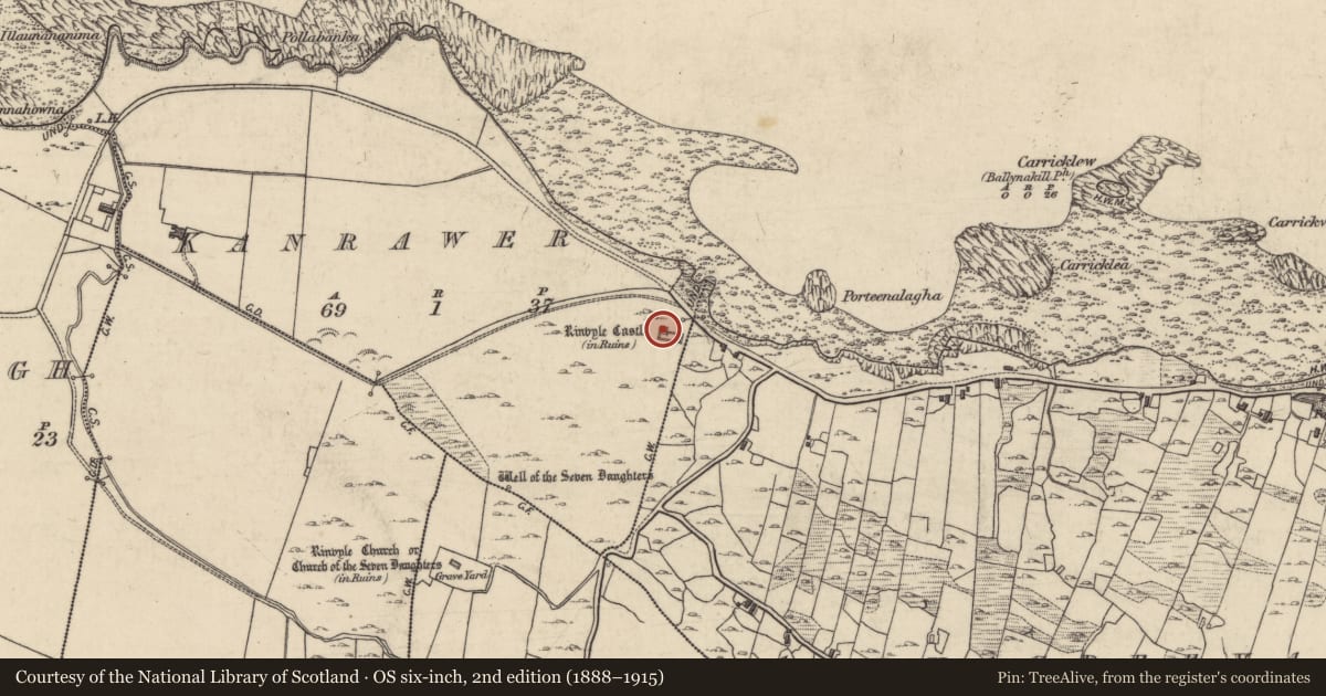 Ordnance Survey six-inch map, 2nd edition (1888–1915) covering the location of Castle - tower house, Kanrawer, County Galway, with a pin at the register's coordinates