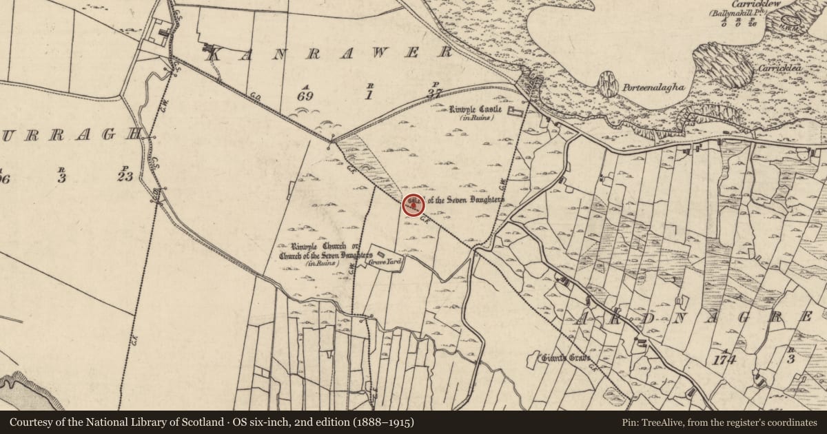 Ordnance Survey six-inch map, 2nd edition (1888–1915) covering the location of Cursing stone, Kanrawer, County Galway, with a pin at the register's coordinates