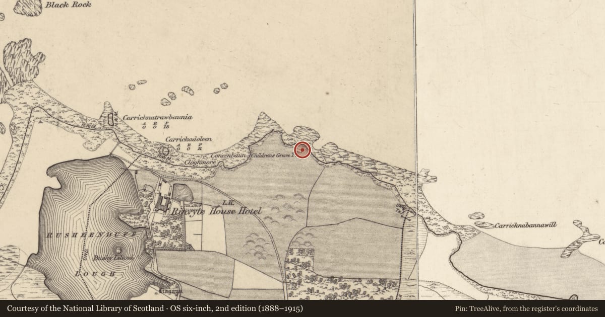 Ordnance Survey six-inch map, 2nd edition (1888–1915) covering the location of Children's burial ground, Rusheenduff, County Galway, with a pin at the register's coordinates