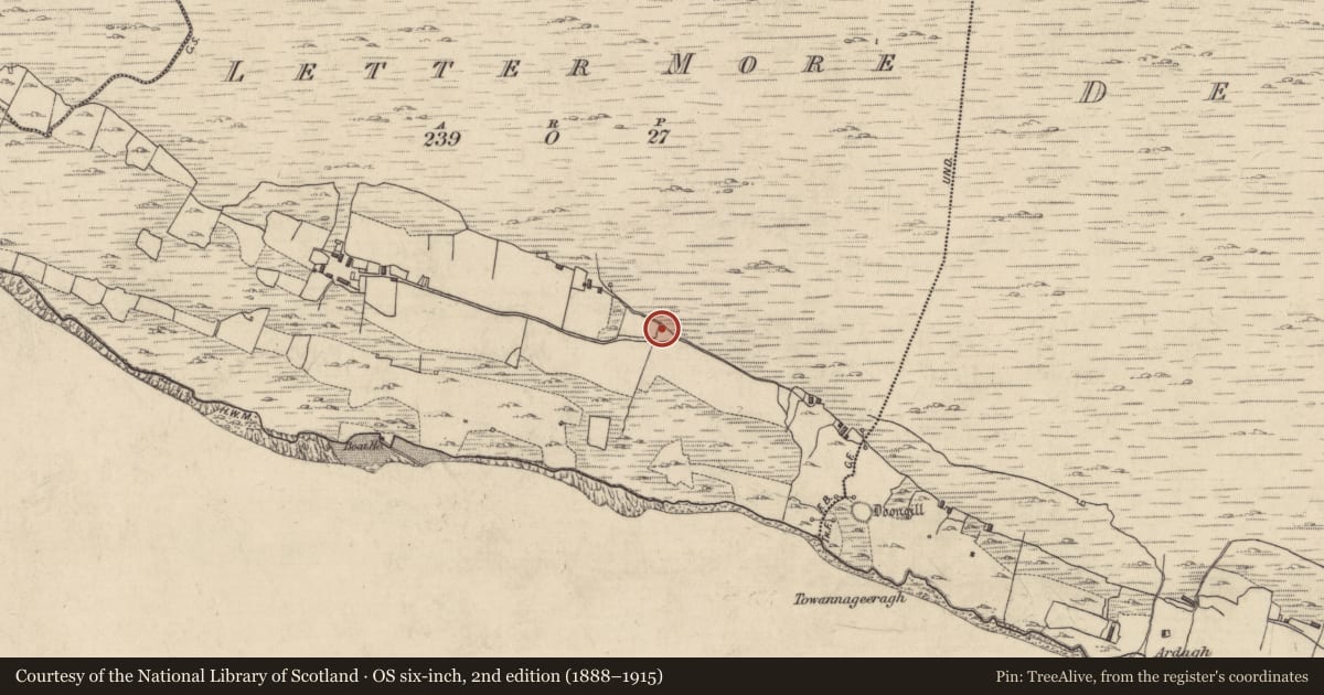 Ordnance Survey six-inch map, 2nd edition (1888–1915) covering the location of Children's burial ground, Letter More, County Galway, with a pin at the register's coordinates