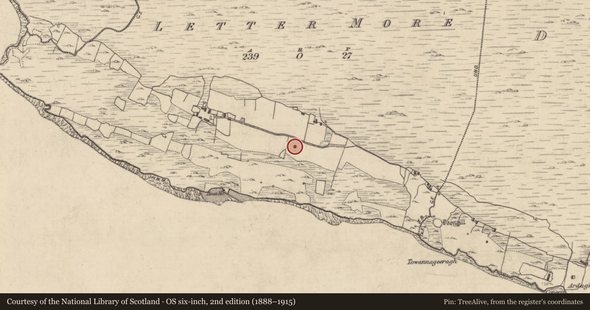 Ordnance Survey six-inch map, 2nd edition (1888–1915) covering the location of Bullaun stone, Letter More, County Galway, with a pin at the register's coordinates