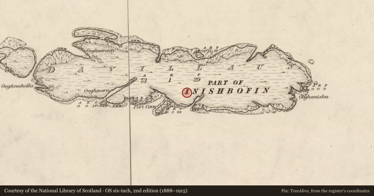 Ordnance Survey six-inch map, 2nd edition (1888–1915) covering the location of Field boundary, Davillaun, County Galway, with a pin at the register's coordinates