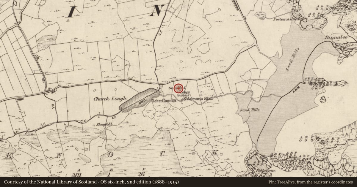 Ordnance Survey six-inch map, 2nd edition (1888–1915) covering the location of Graveyard, Knock (Inishbofin Par.), County Galway, with a pin at the register's coordinates