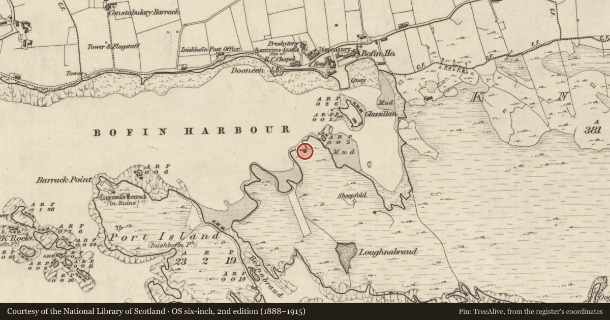 Ordnance Survey six-inch map, 2nd edition (1888–1915) covering the location of Midden, Knock (Inishbofin Par.), County Galway, with a pin at the register's coordinates